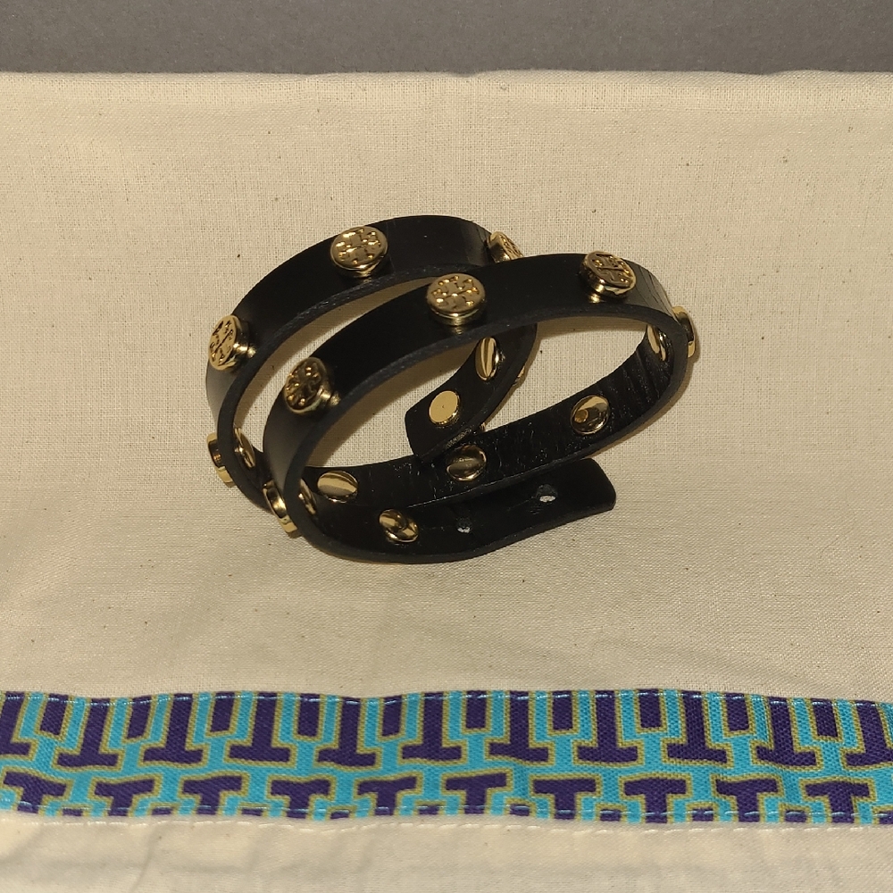 Tory Burch Black and Gold Tone Studded Wrap Bracelet